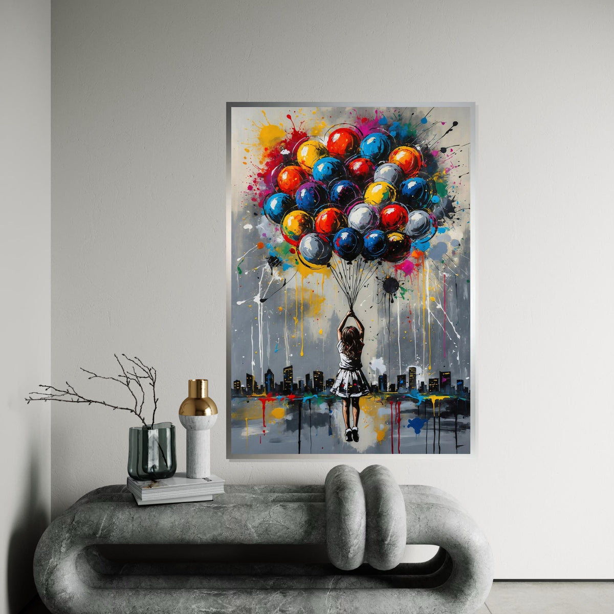 Colorful Balloon Girl Canvas, Urban Dreamscape Art, Multicolor Balloon Print, Wall Art Canvas Design, Ready To Hang Decoration