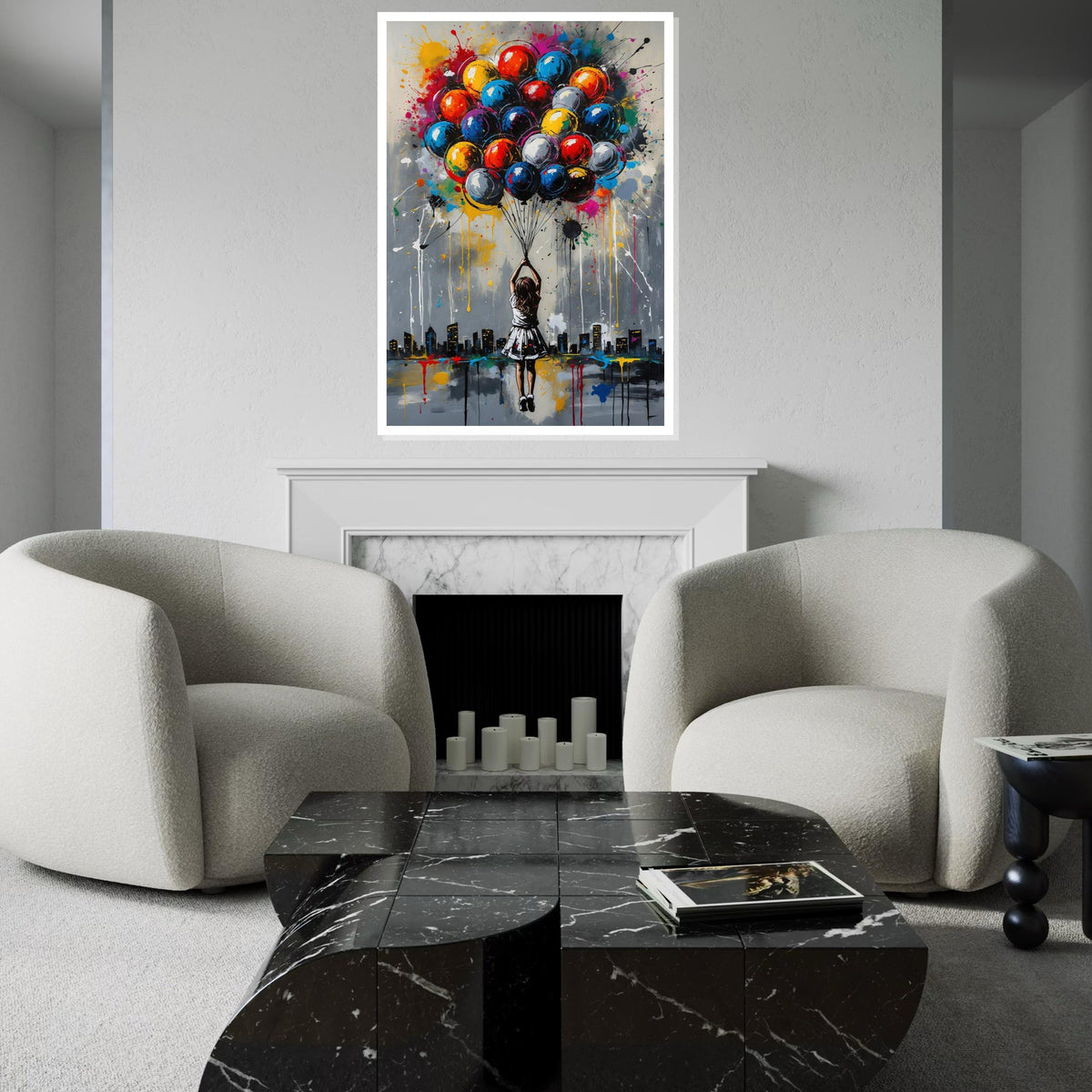 Colorful Balloon Girl Canvas, Urban Dreamscape Art, Multicolor Balloon Print, Wall Art Canvas Design, Ready To Hang Decoration