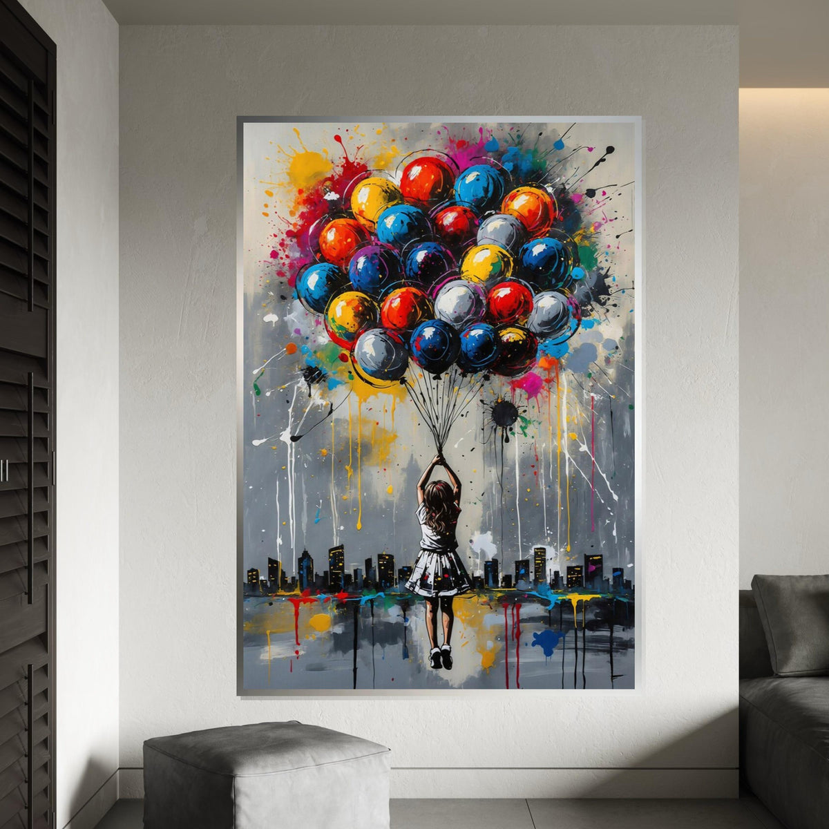 Colorful Balloon Girl Canvas, Urban Dreamscape Art, Multicolor Balloon Print, Wall Art Canvas Design, Ready To Hang Decoration