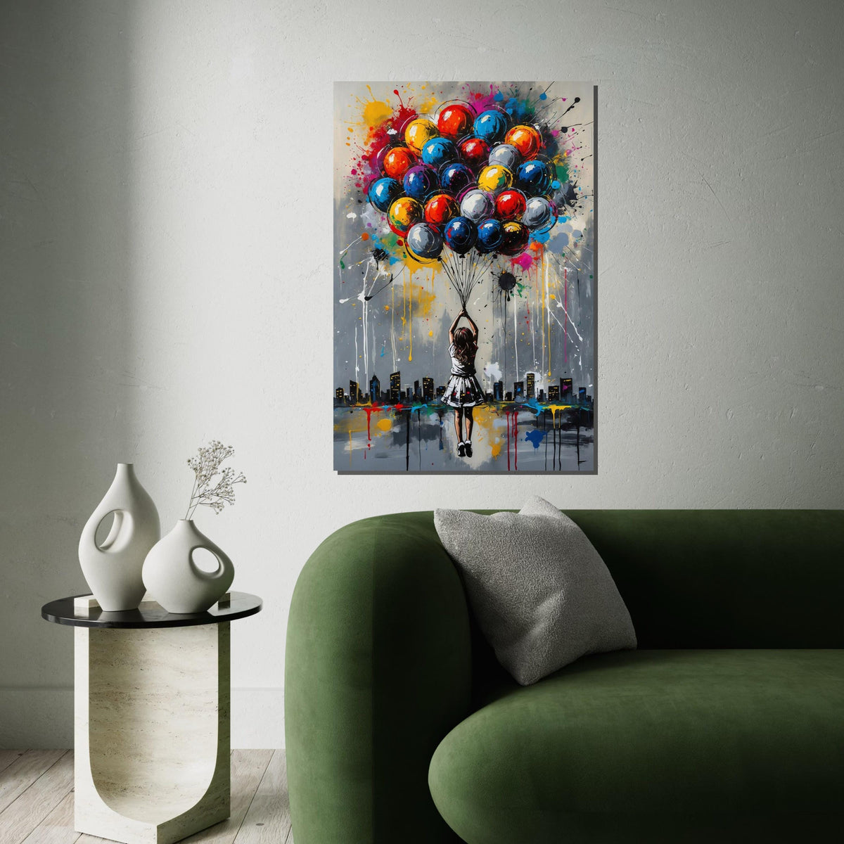 Colorful Balloon Girl Canvas, Urban Dreamscape Art, Multicolor Balloon Print, Wall Art Canvas Design, Ready To Hang Decoration