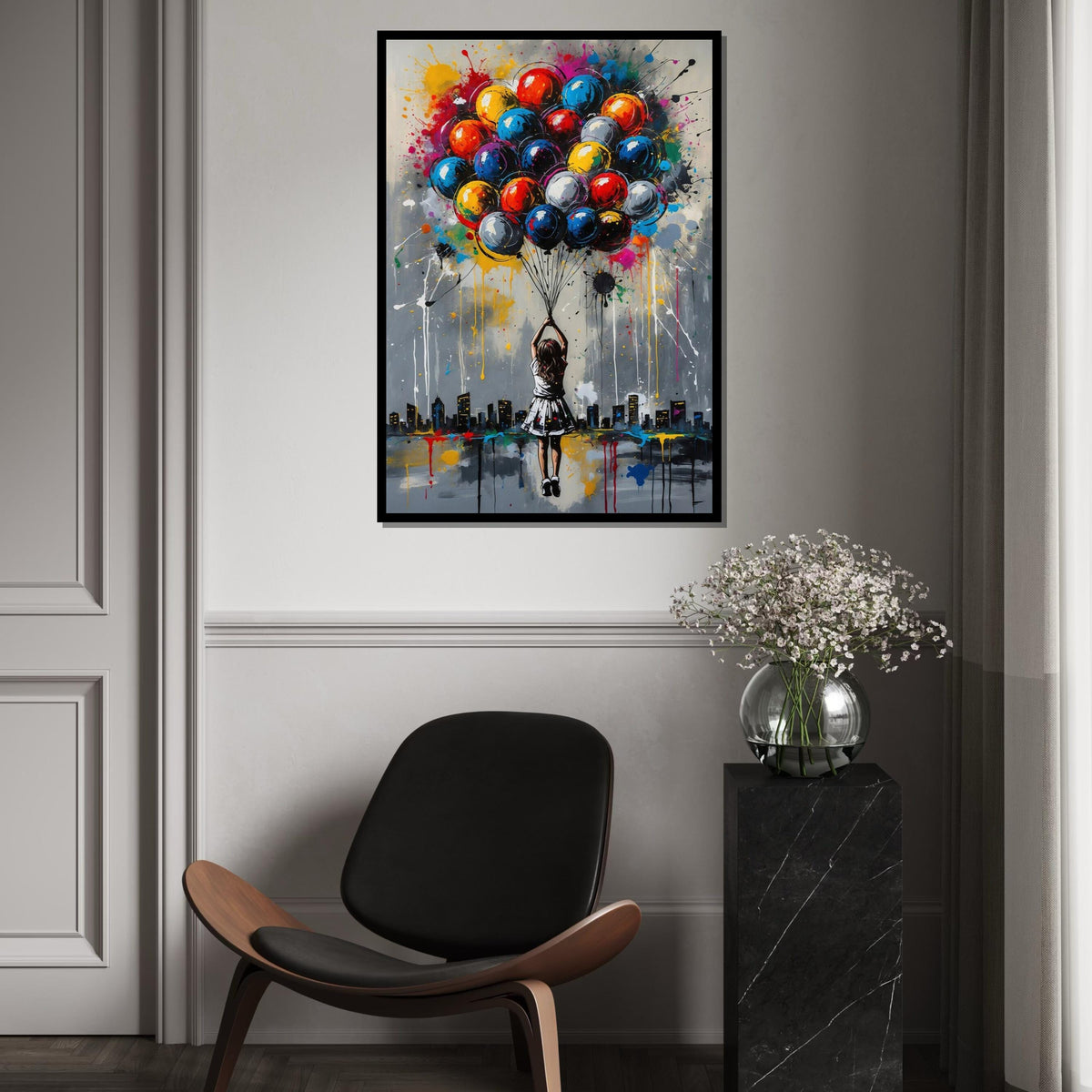 Colorful Balloon Girl Canvas, Urban Dreamscape Art, Multicolor Balloon Print, Wall Art Canvas Design, Ready To Hang Decoration