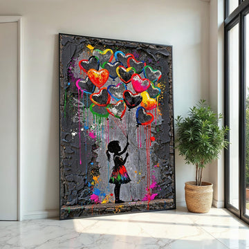 Heart Balloons Canvas, Girl with Balloons Art, Colorful Heart Wall Art, Abstract Canvas Design, Ready To Hang Decoration