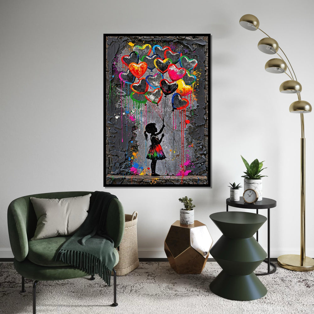 Heart Balloons Canvas, Girl with Balloons Art, Colorful Heart Wall Art, Abstract Canvas Design, Ready To Hang Decoration