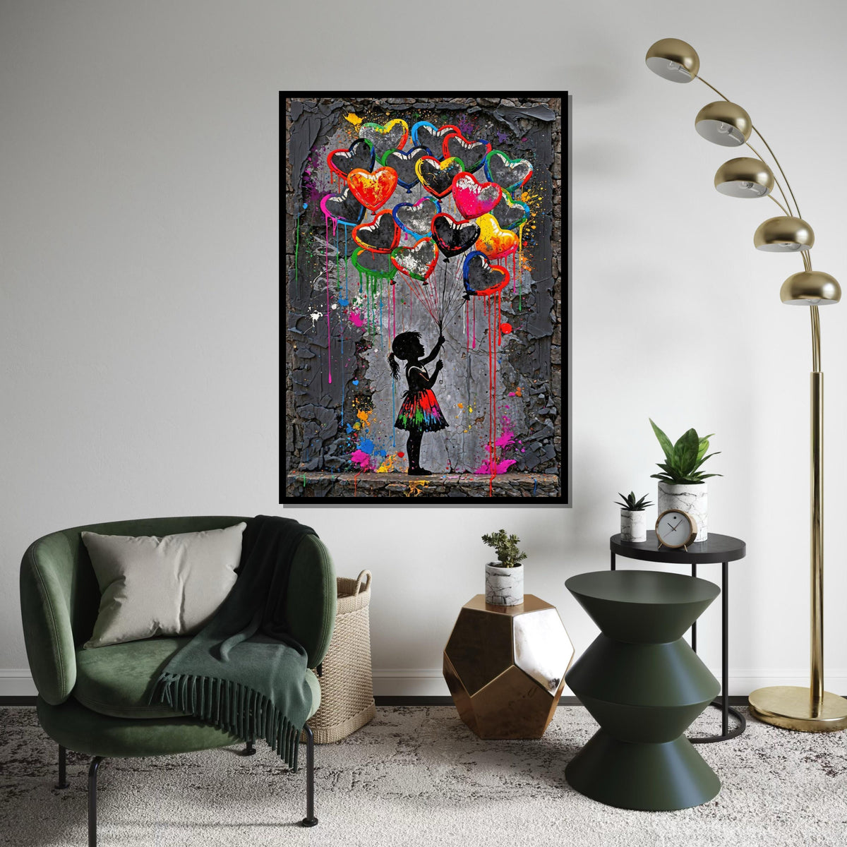 Heart Balloons Canvas, Girl with Balloons Art, Colorful Heart Wall Art, Abstract Canvas Design, Ready To Hang Decoration