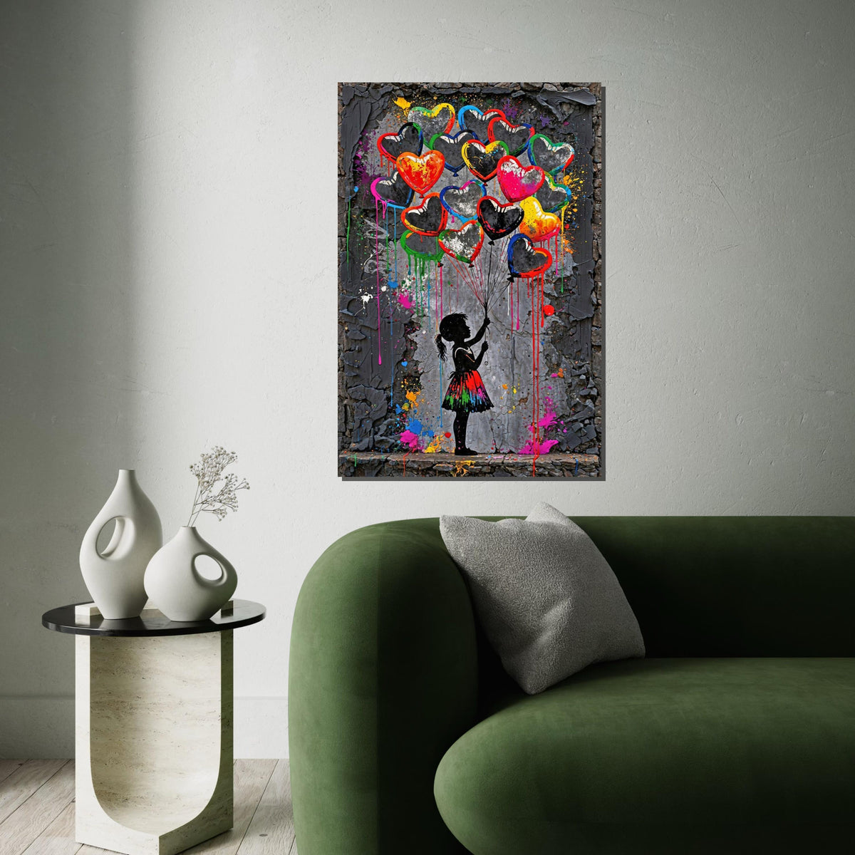 Heart Balloons Canvas, Girl with Balloons Art, Colorful Heart Wall Art, Abstract Canvas Design, Ready To Hang Decoration
