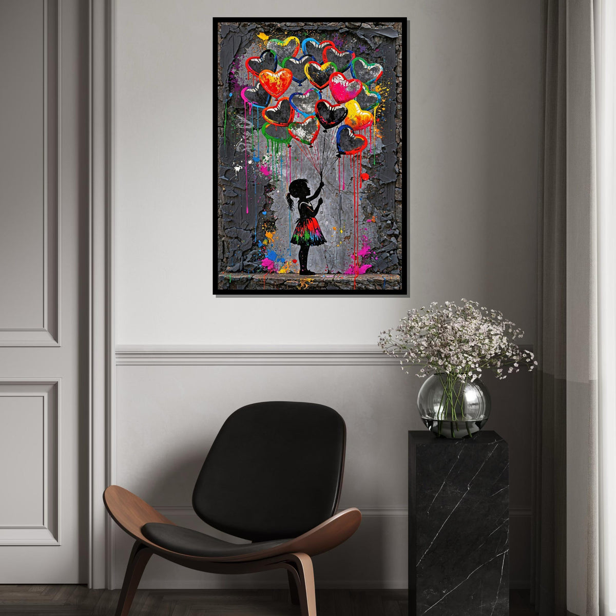 Heart Balloons Canvas, Girl with Balloons Art, Colorful Heart Wall Art, Abstract Canvas Design, Ready To Hang Decoration