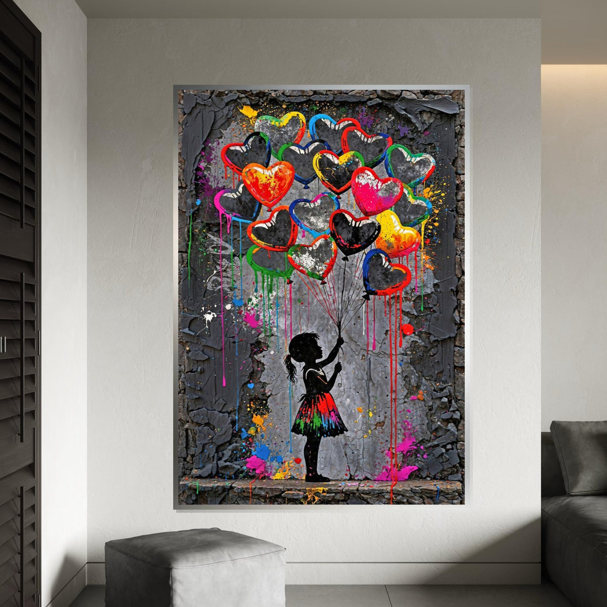 Heart Balloons Canvas, Girl with Balloons Art, Colorful Heart Wall Art, Abstract Canvas Design, Ready To Hang Decoration