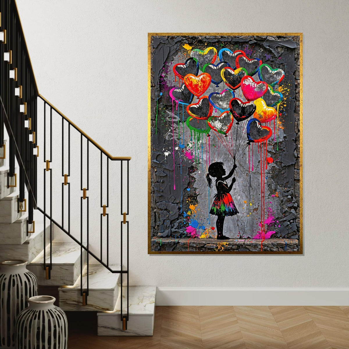 Heart Balloons Canvas, Girl with Balloons Art, Colorful Heart Wall Art, Abstract Canvas Design, Ready To Hang Decoration