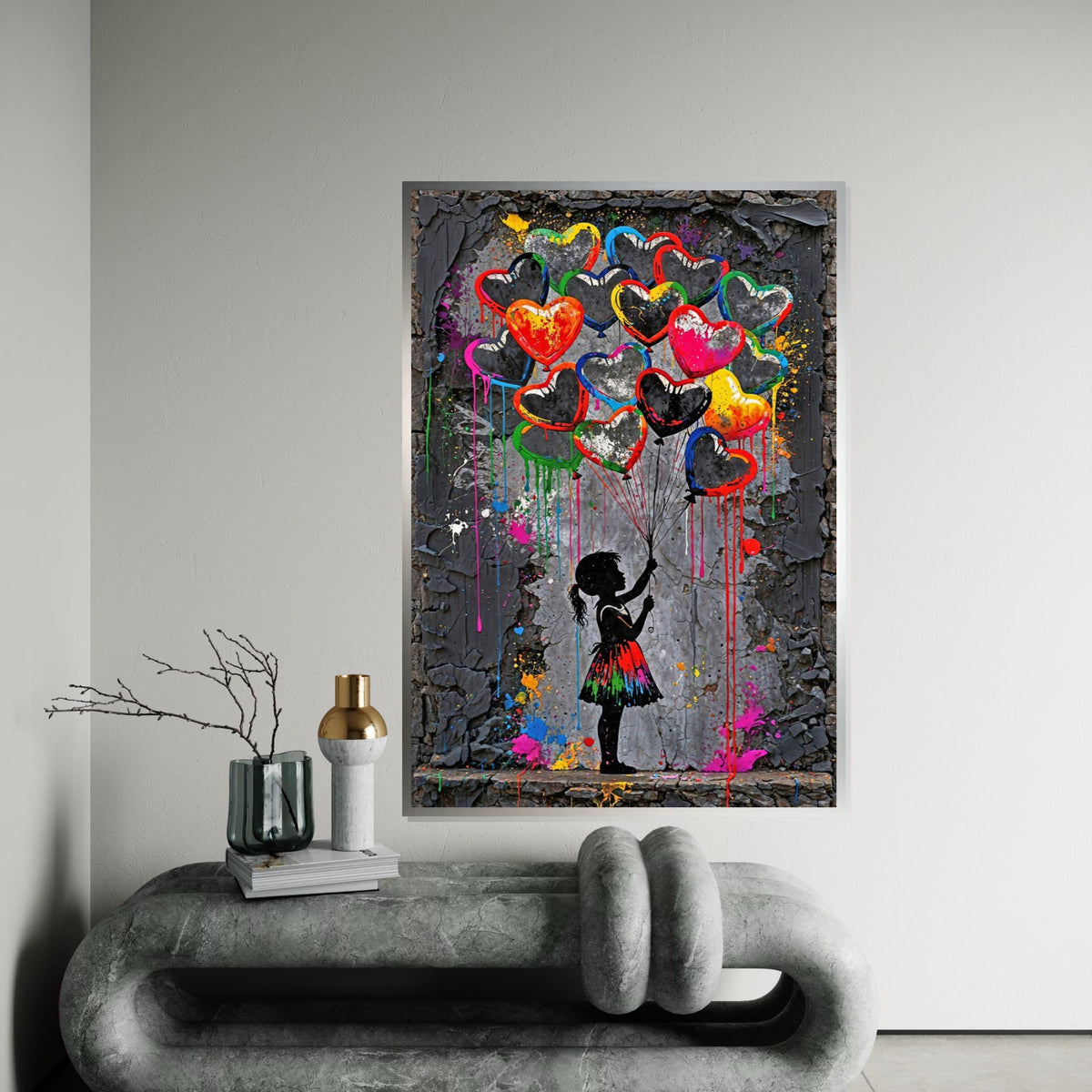 Heart Balloons Canvas, Girl with Balloons Art, Colorful Heart Wall Art, Abstract Canvas Design, Ready To Hang Decoration