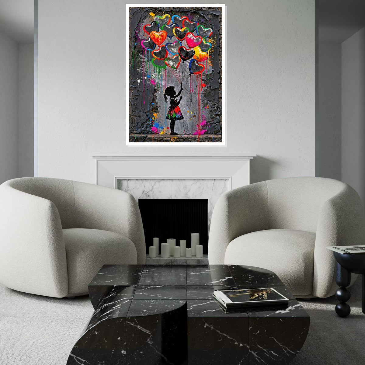 Heart Balloons Canvas, Girl with Balloons Art, Colorful Heart Wall Art, Abstract Canvas Design, Ready To Hang Decoration