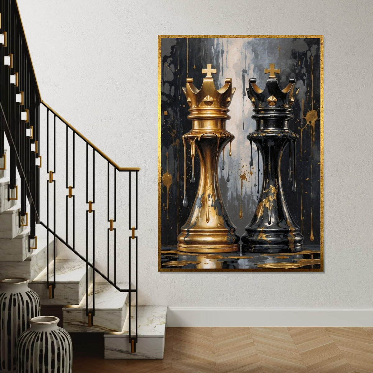 Royal Chess Kings Canvas, Gold and Black Art, Chess Piece Wall Art, Wall Art Canvas Design, Ready To Hang Decoration