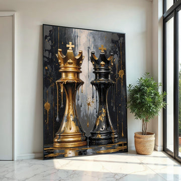 Royal Chess Kings Canvas, Gold and Black Art, Chess Piece Wall Art, Wall Art Canvas Design, Ready To Hang Decoration