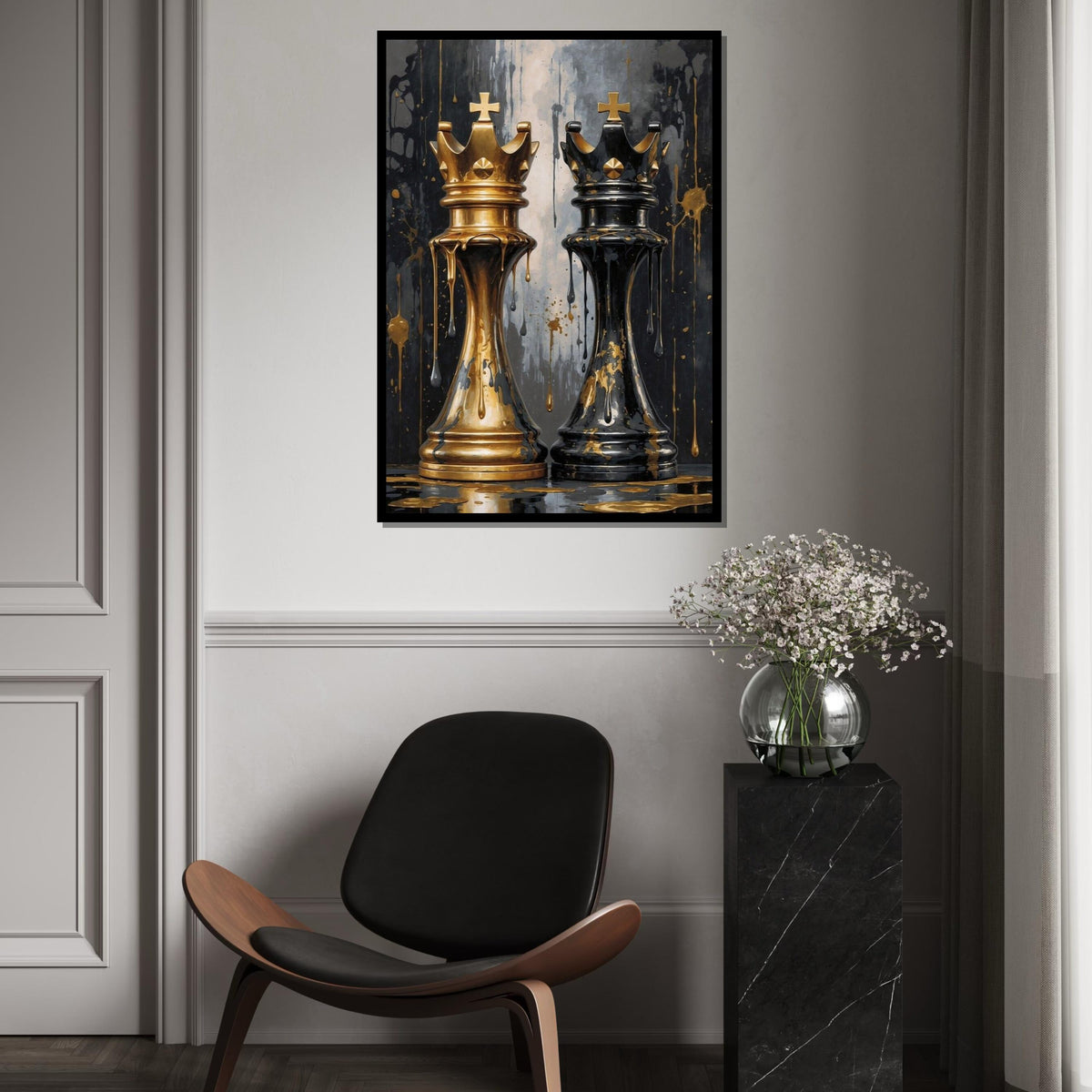 Royal Chess Kings Canvas, Gold and Black Art, Chess Piece Wall Art, Wall Art Canvas Design, Ready To Hang Decoration