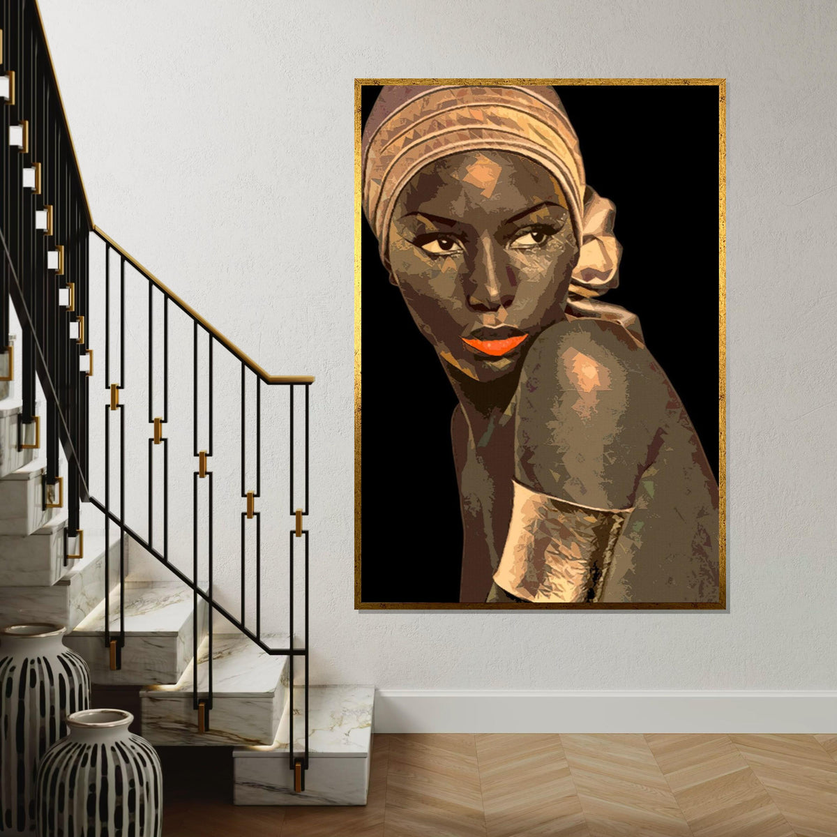Elegant Woman Canvas, Portrait Wall Art, Stylish Headwrap Art, Modern Canvas Design, Ready to Hang, Artistic Home Decor Portrait Print