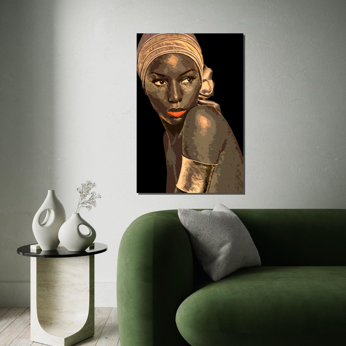 Elegant Woman Canvas, Portrait Wall Art, Stylish Headwrap Art, Modern Canvas Design, Ready to Hang, Artistic Home Decor Portrait Print