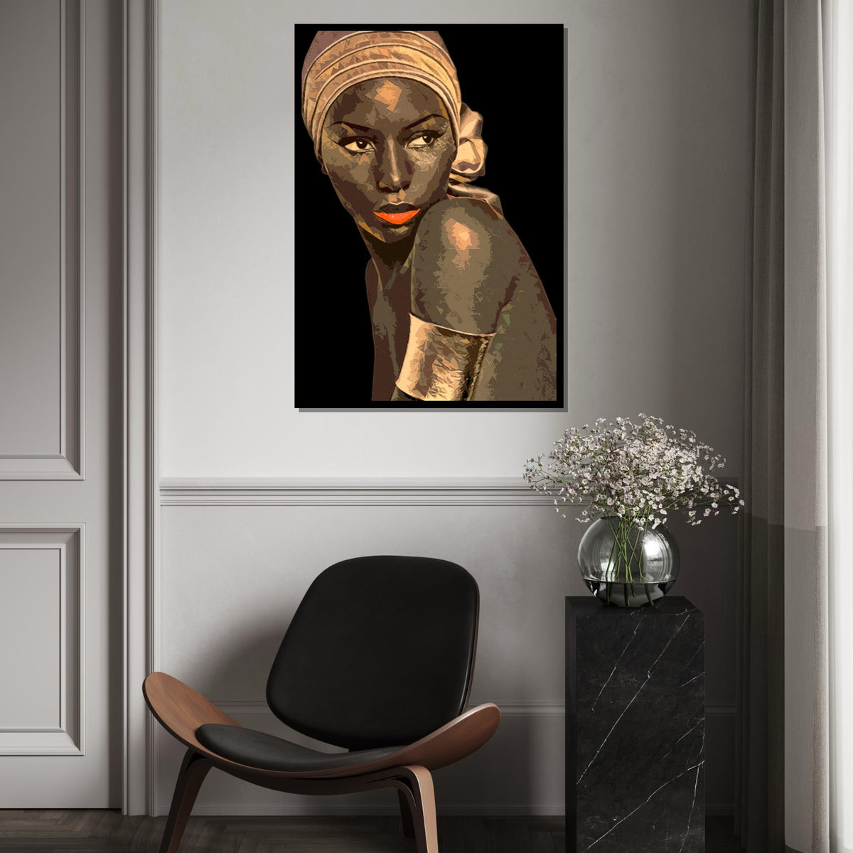 Elegant Woman Canvas, Portrait Wall Art, Stylish Headwrap Art, Modern Canvas Design, Ready to Hang, Artistic Home Decor Portrait Print