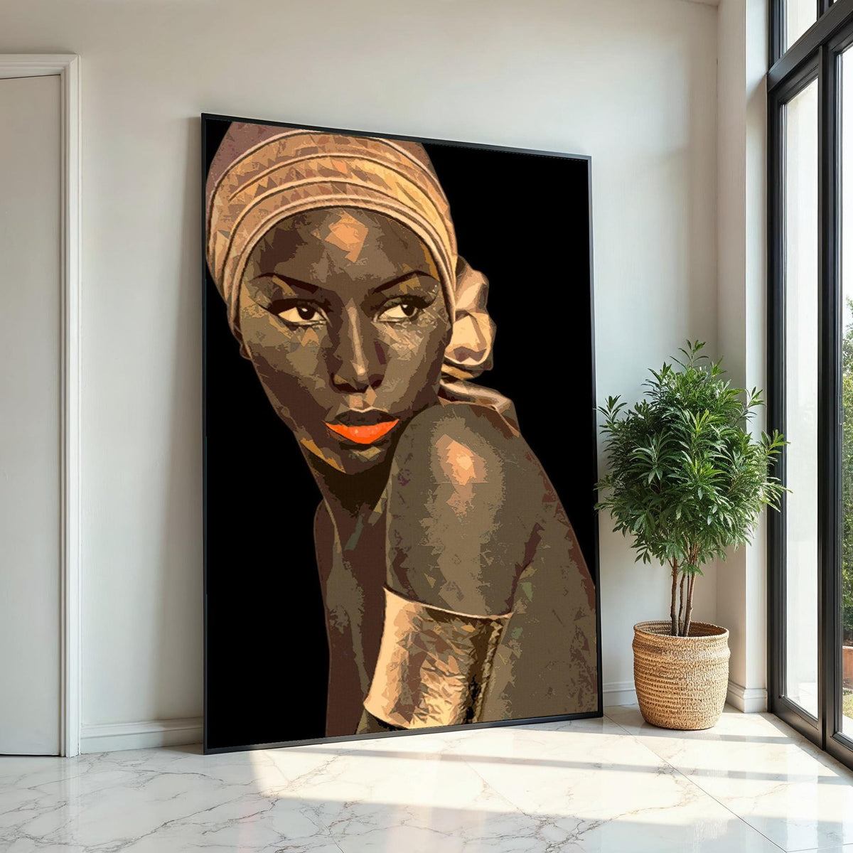 Elegant Woman Canvas, Portrait Wall Art, Stylish Headwrap Art, Modern Canvas Design, Ready to Hang, Artistic Home Decor Portrait Print