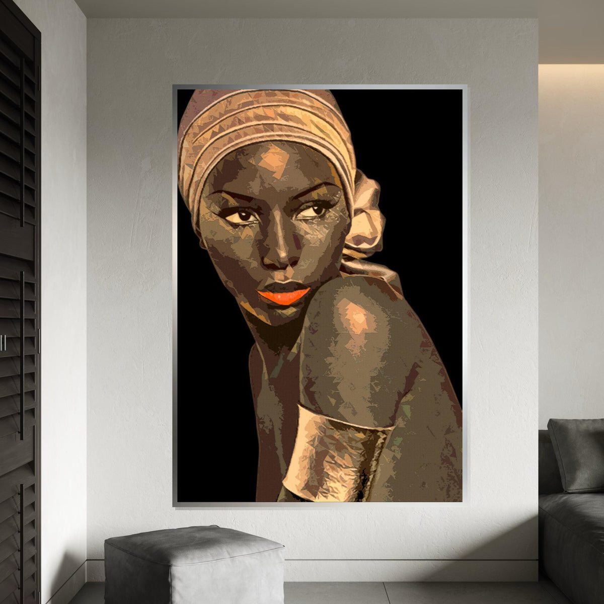 Elegant Woman Canvas, Portrait Wall Art, Stylish Headwrap Art, Modern Canvas Design, Ready to Hang, Artistic Home Decor Portrait Print