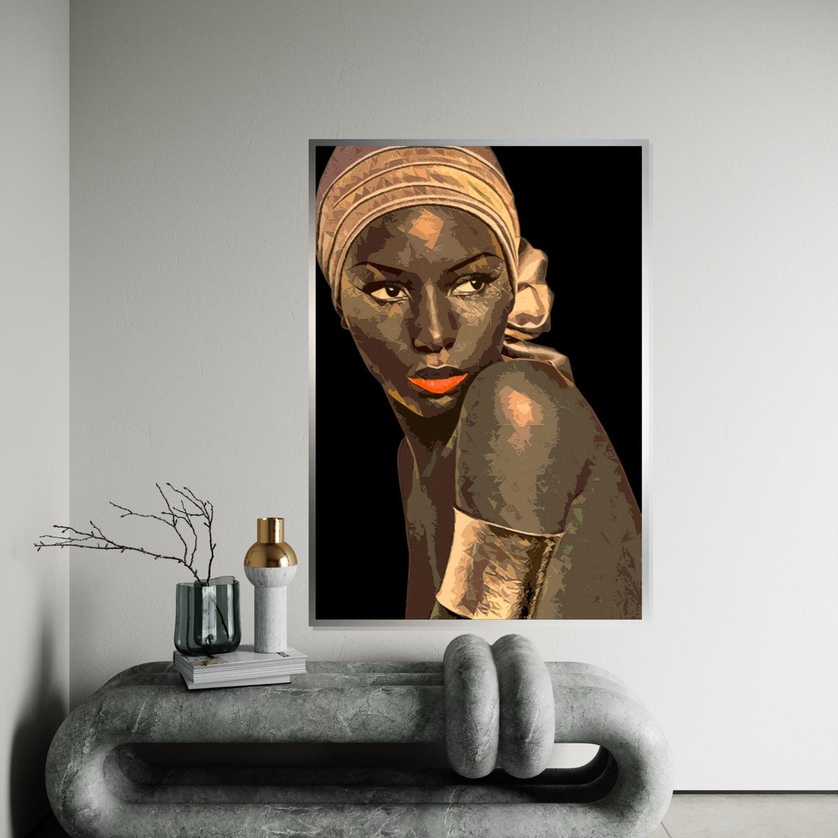 Elegant Woman Canvas, Portrait Wall Art, Stylish Headwrap Art, Modern Canvas Design, Ready to Hang, Artistic Home Decor Portrait Print