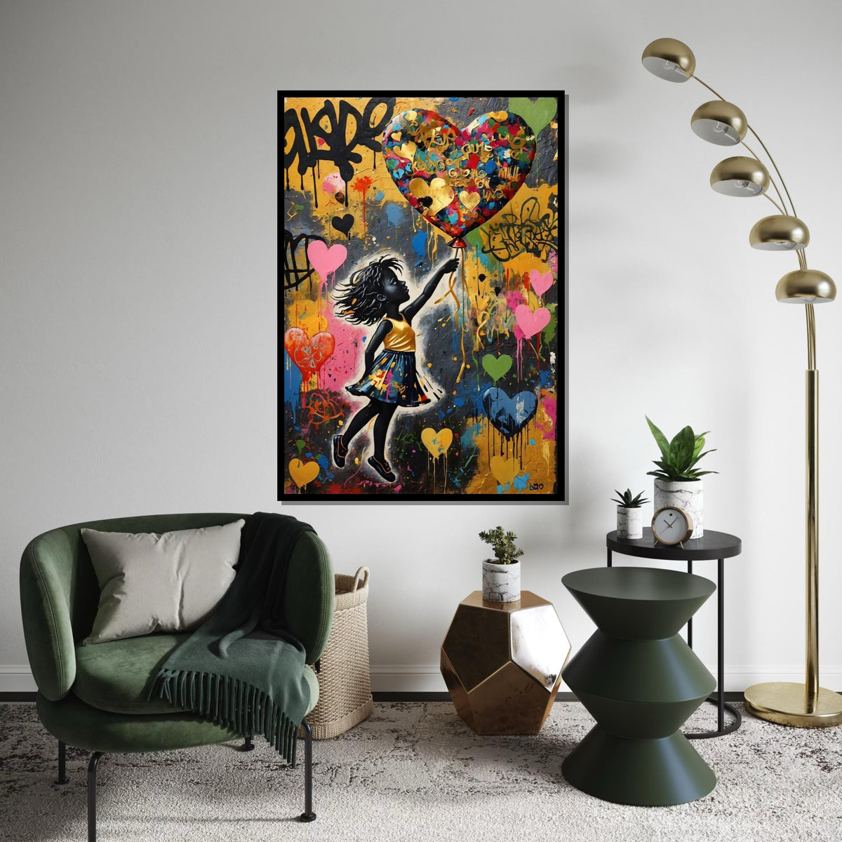 Girl with Heart Balloon Canvas, Vibrant Street Art, Wall Art Canvas Design, Multicolor, Graffiti Style, Ready To Hang Decoration