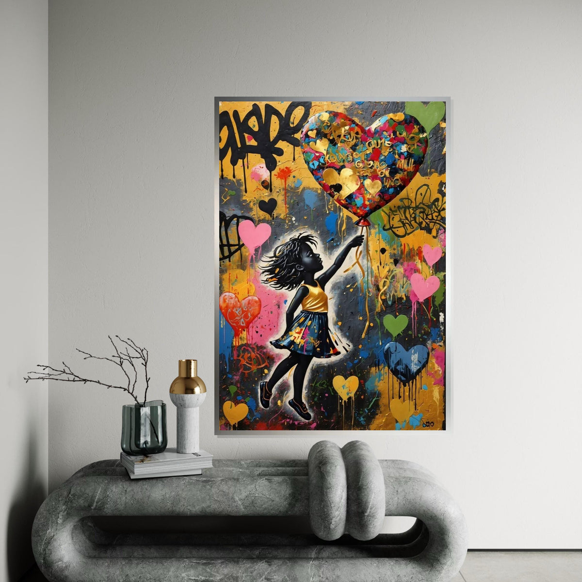 Girl with Heart Balloon Canvas, Vibrant Street Art, Wall Art Canvas Design, Multicolor, Graffiti Style, Ready To Hang Decoration