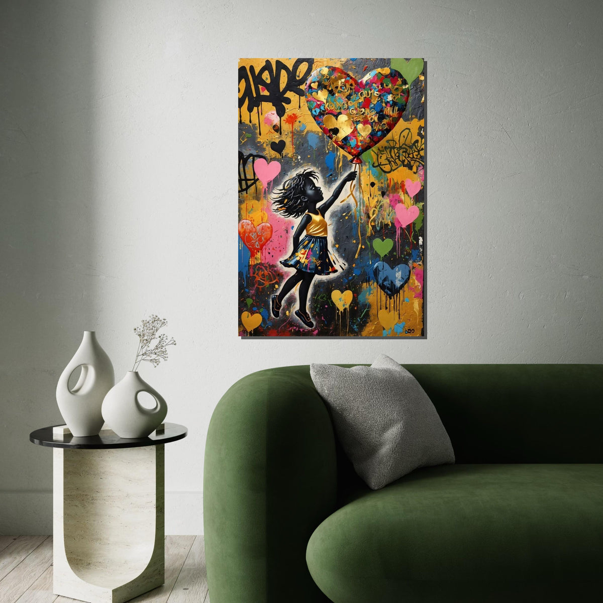 Girl with Heart Balloon Canvas, Vibrant Street Art, Wall Art Canvas Design, Multicolor, Graffiti Style, Ready To Hang Decoration
