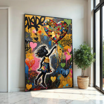 Girl with Heart Balloon Canvas, Vibrant Street Art, Wall Art Canvas Design, Multicolor, Graffiti Style, Ready To Hang Decoration