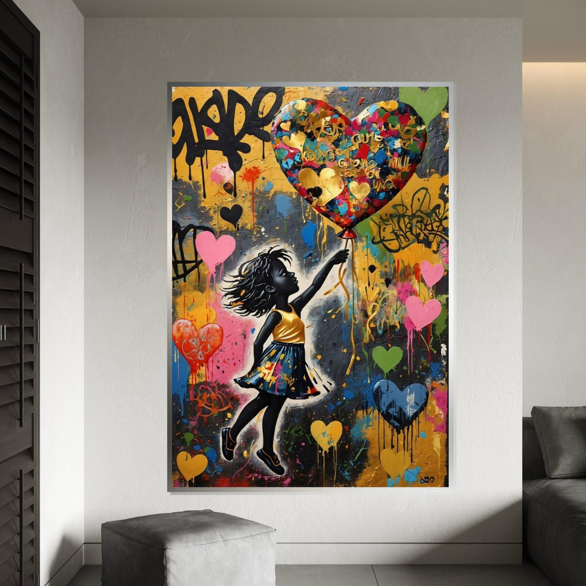 Girl with Heart Balloon Canvas, Vibrant Street Art, Wall Art Canvas Design, Multicolor, Graffiti Style, Ready To Hang Decoration