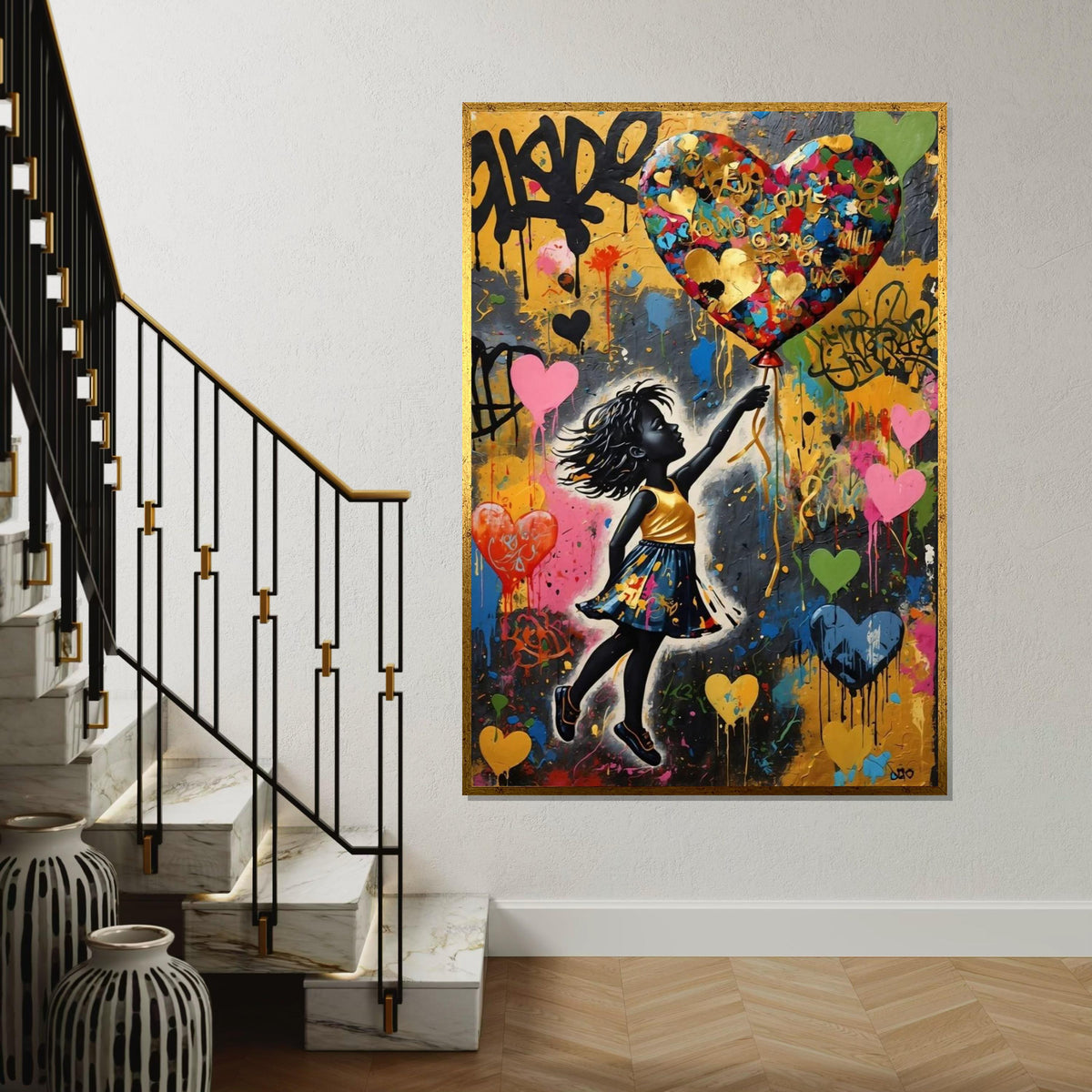 Girl with Heart Balloon Canvas, Vibrant Street Art, Wall Art Canvas Design, Multicolor, Graffiti Style, Ready To Hang Decoration