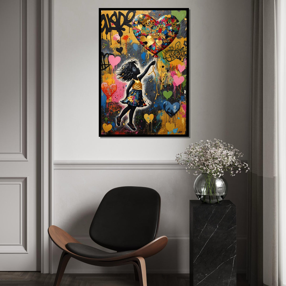 Girl with Heart Balloon Canvas, Vibrant Street Art, Wall Art Canvas Design, Multicolor, Graffiti Style, Ready To Hang Decoration