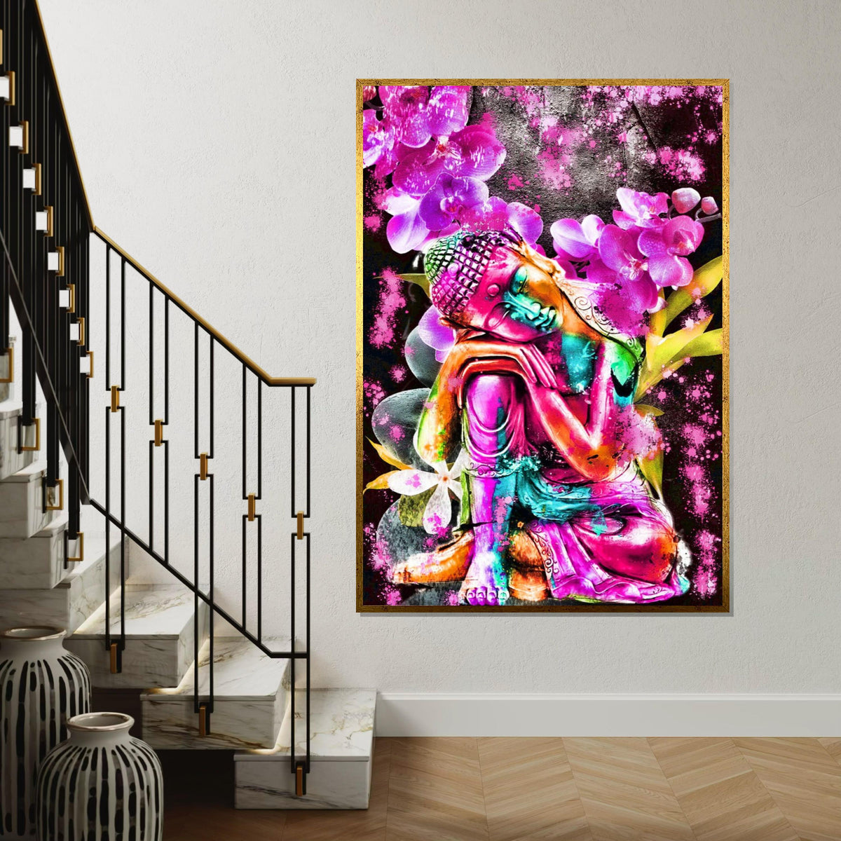 Colorful Buddha Canvas, Multicolor Floral Art, Spiritual Wall Art, Zen Meditation Poster, Wall Art Canvas Design, Ready to Hang Decor
