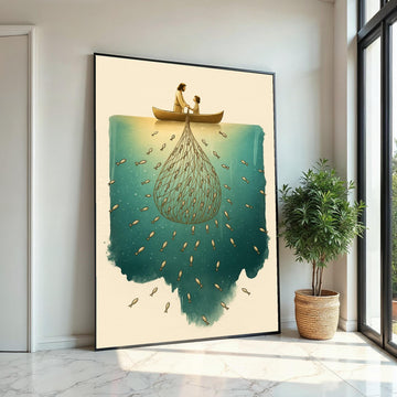 Fishing with Jesus Canvas, Net of Fish Art, Boat Wall Art, Spiritual Canvas Design, Ready to Hang Religious Decoration