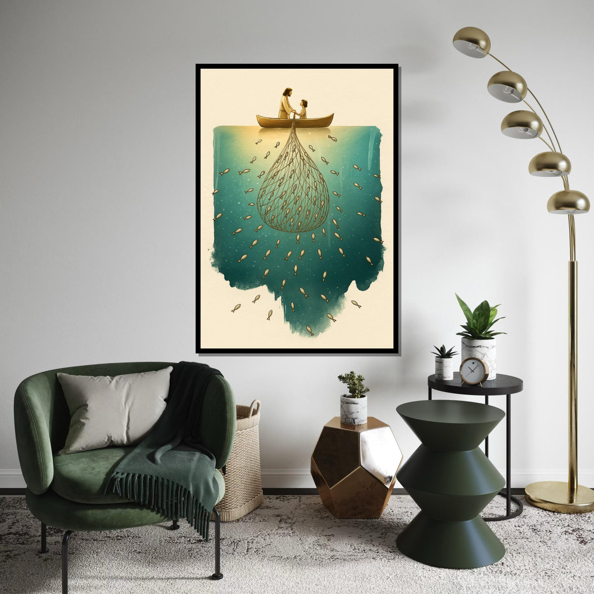 Fishing with Jesus Canvas, Net of Fish Art, Boat Wall Art, Spiritual Canvas Design, Ready to Hang Religious Decoration