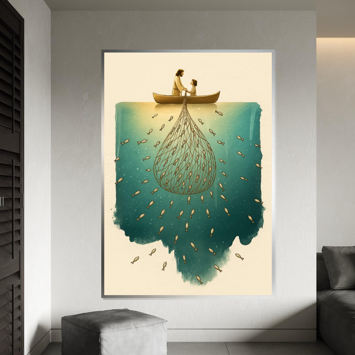 Fishing with Jesus Canvas, Net of Fish Art, Boat Wall Art, Spiritual Canvas Design, Ready to Hang Religious Decoration