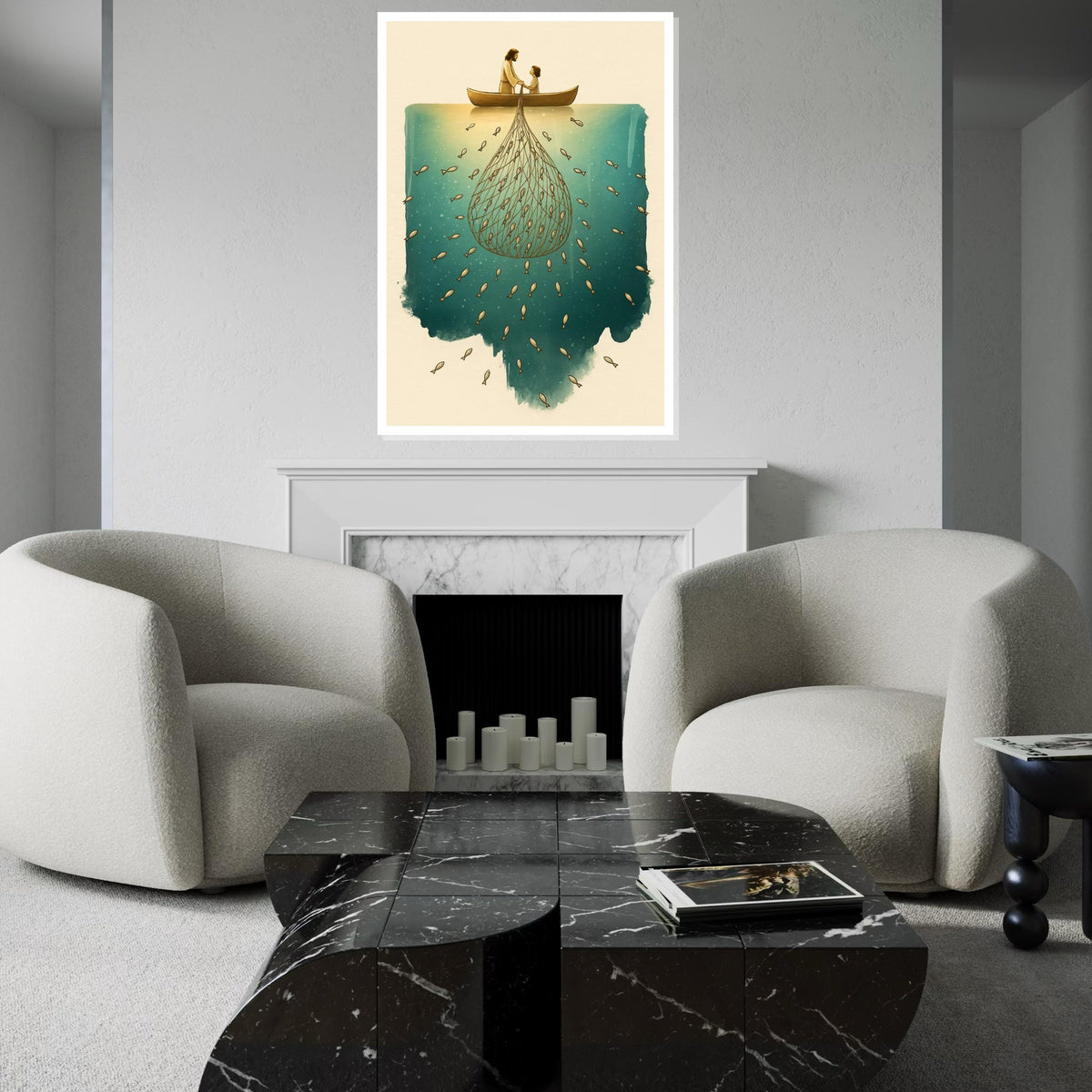 Fishing with Jesus Canvas, Net of Fish Art, Boat Wall Art, Spiritual Canvas Design, Ready to Hang Religious Decoration