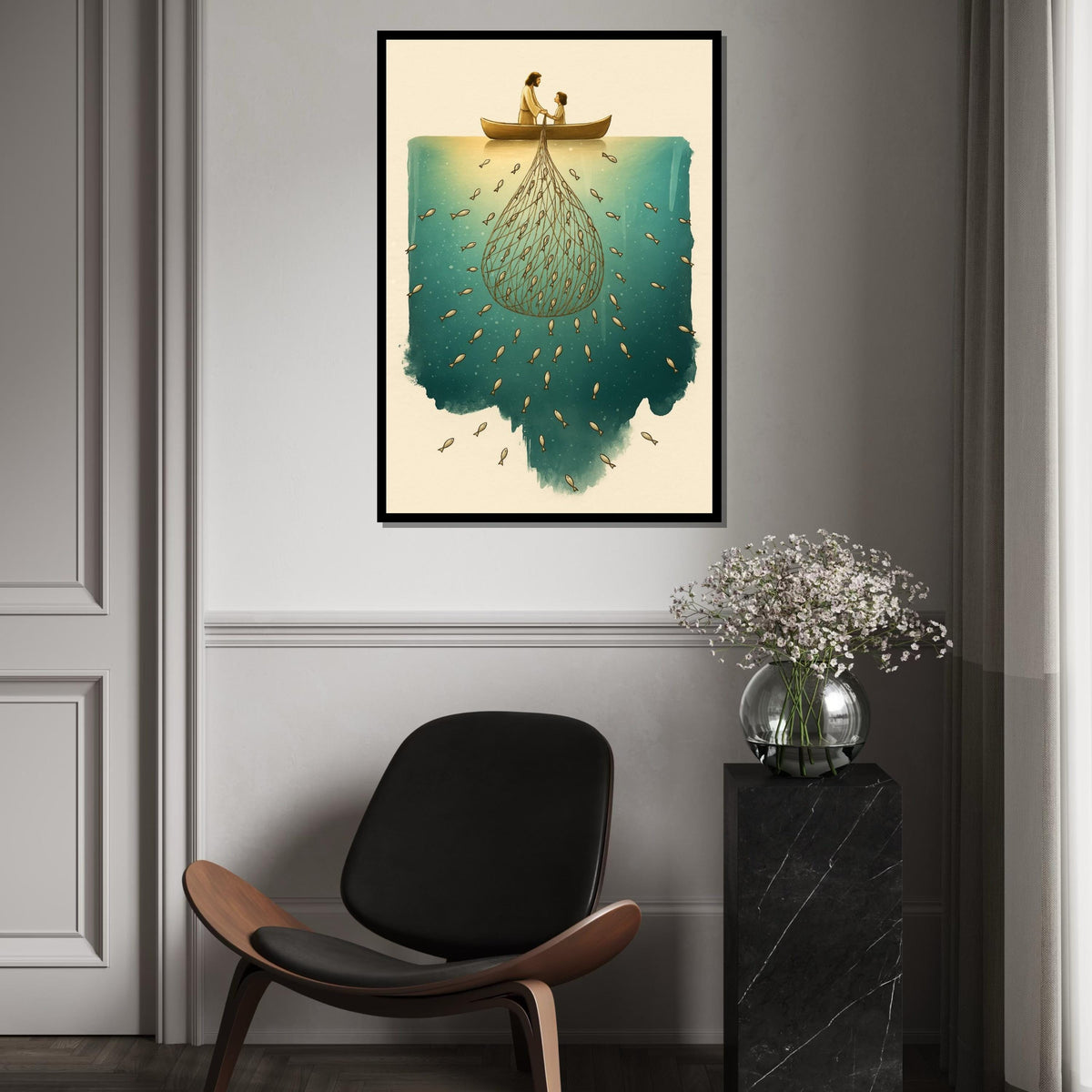 Fishing with Jesus Canvas, Net of Fish Art, Boat Wall Art, Spiritual Canvas Design, Ready to Hang Religious Decoration