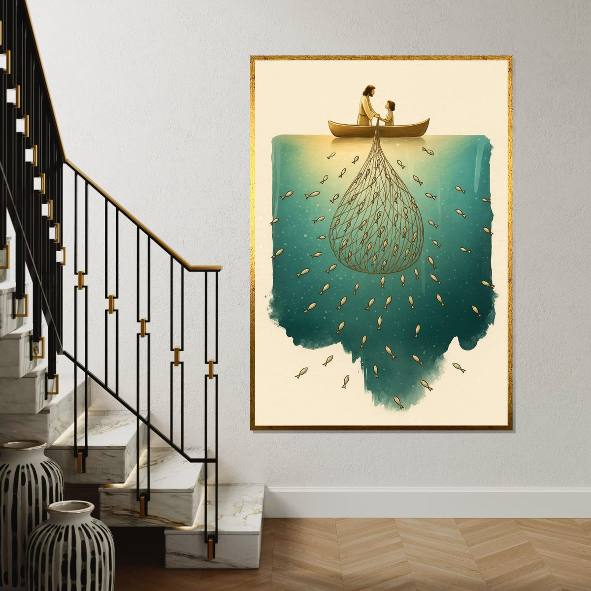 Fishing with Jesus Canvas, Net of Fish Art, Boat Wall Art, Spiritual Canvas Design, Ready to Hang Religious Decoration