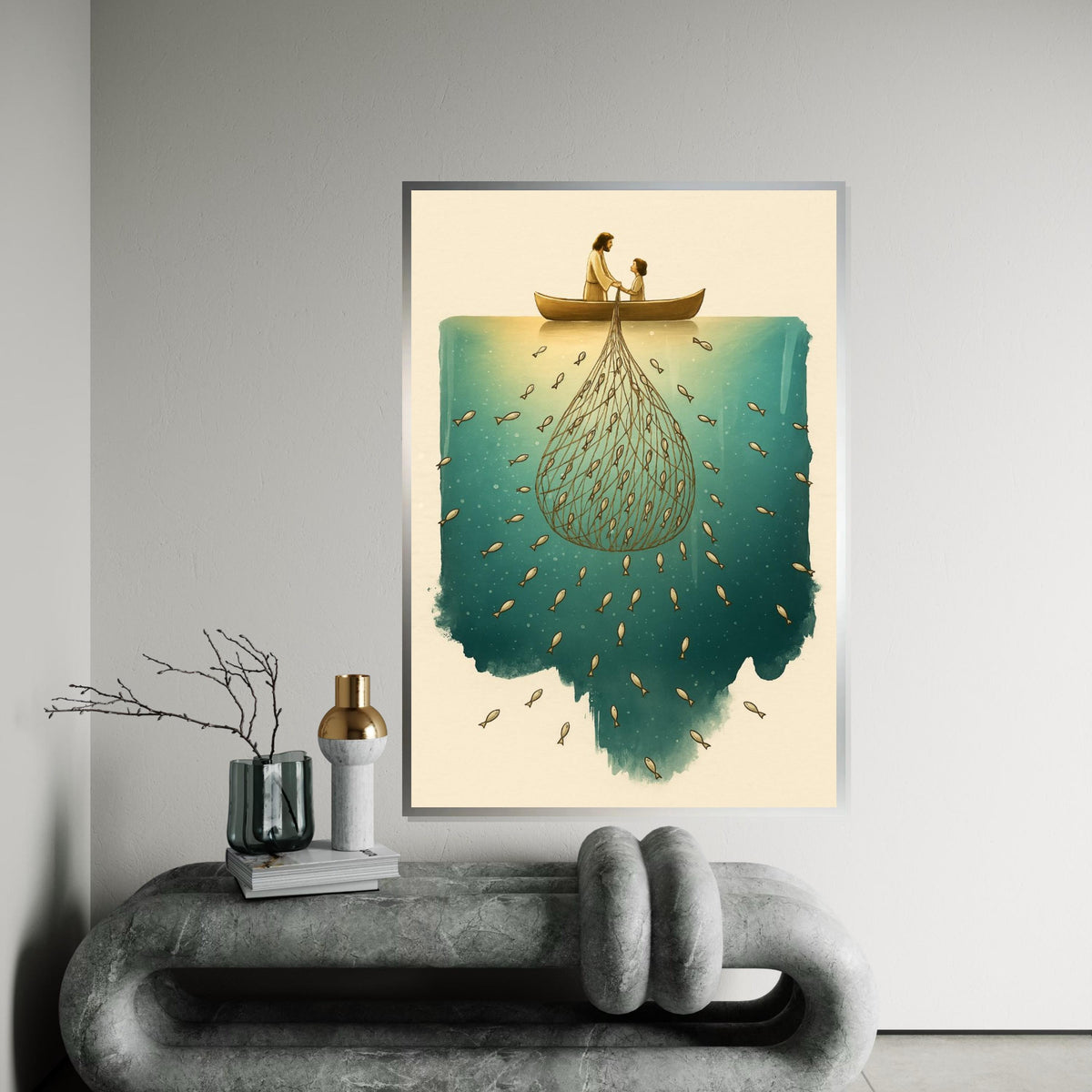 Fishing with Jesus Canvas, Net of Fish Art, Boat Wall Art, Spiritual Canvas Design, Ready to Hang Religious Decoration