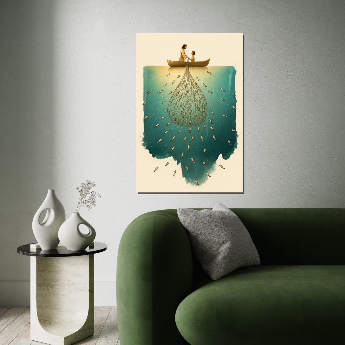 Fishing with Jesus Canvas, Net of Fish Art, Boat Wall Art, Spiritual Canvas Design, Ready to Hang Religious Decoration