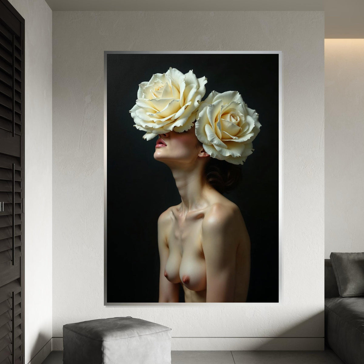 Floral Vision Canvas, Woman with Roses Art, Surreal Wall Art, Canvas Design, Nude Art Poster, Ready to Hang Home Decoration