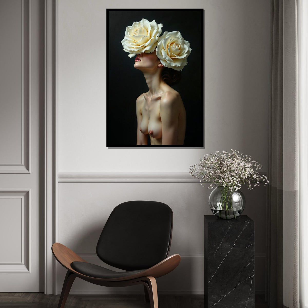 Floral Vision Canvas, Woman with Roses Art, Surreal Wall Art, Canvas Design, Nude Art Poster, Ready to Hang Home Decoration