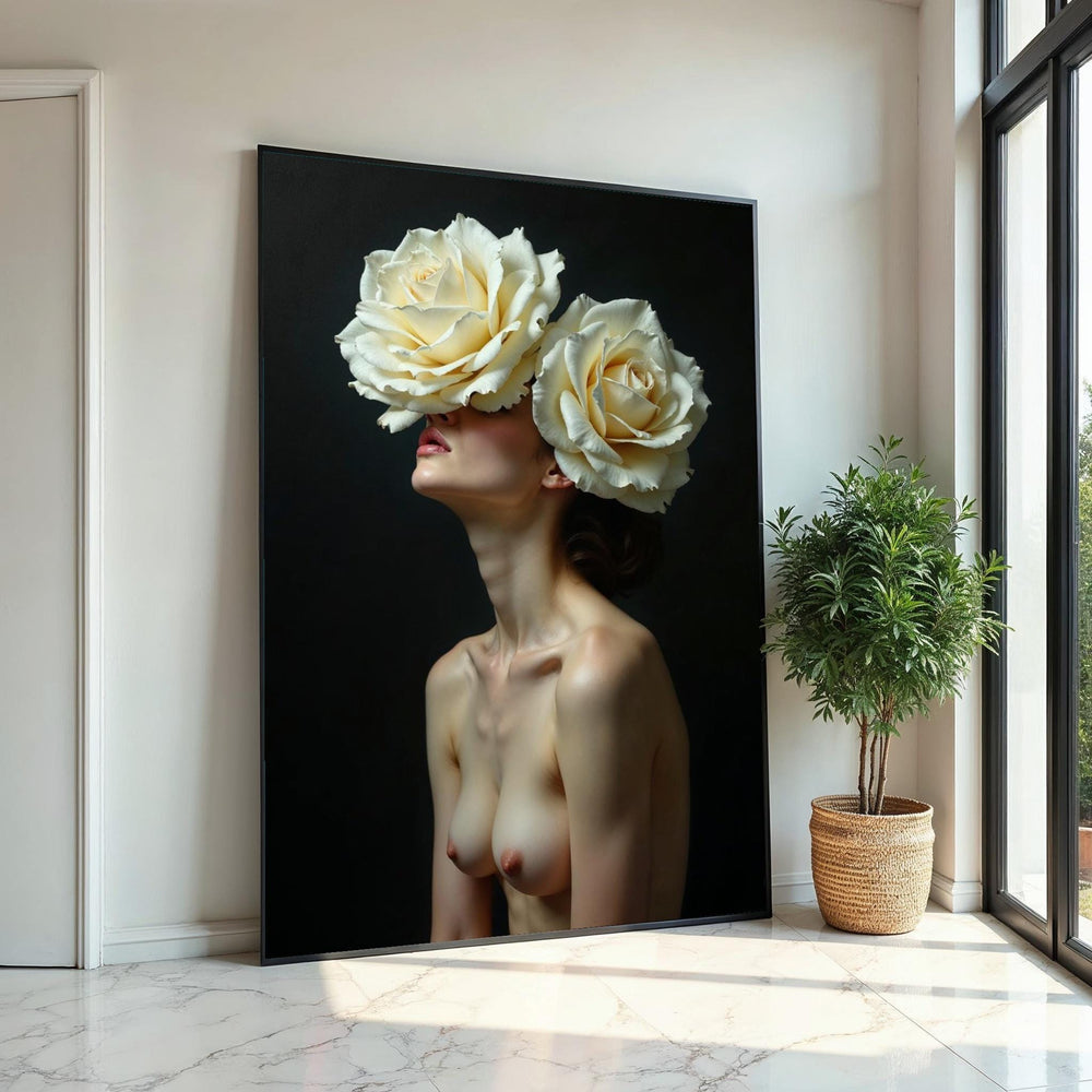 Floral Vision Canvas, Woman with Roses Art, Surreal Wall Art, Canvas Design, Nude Art Poster, Ready to Hang Home Decoration