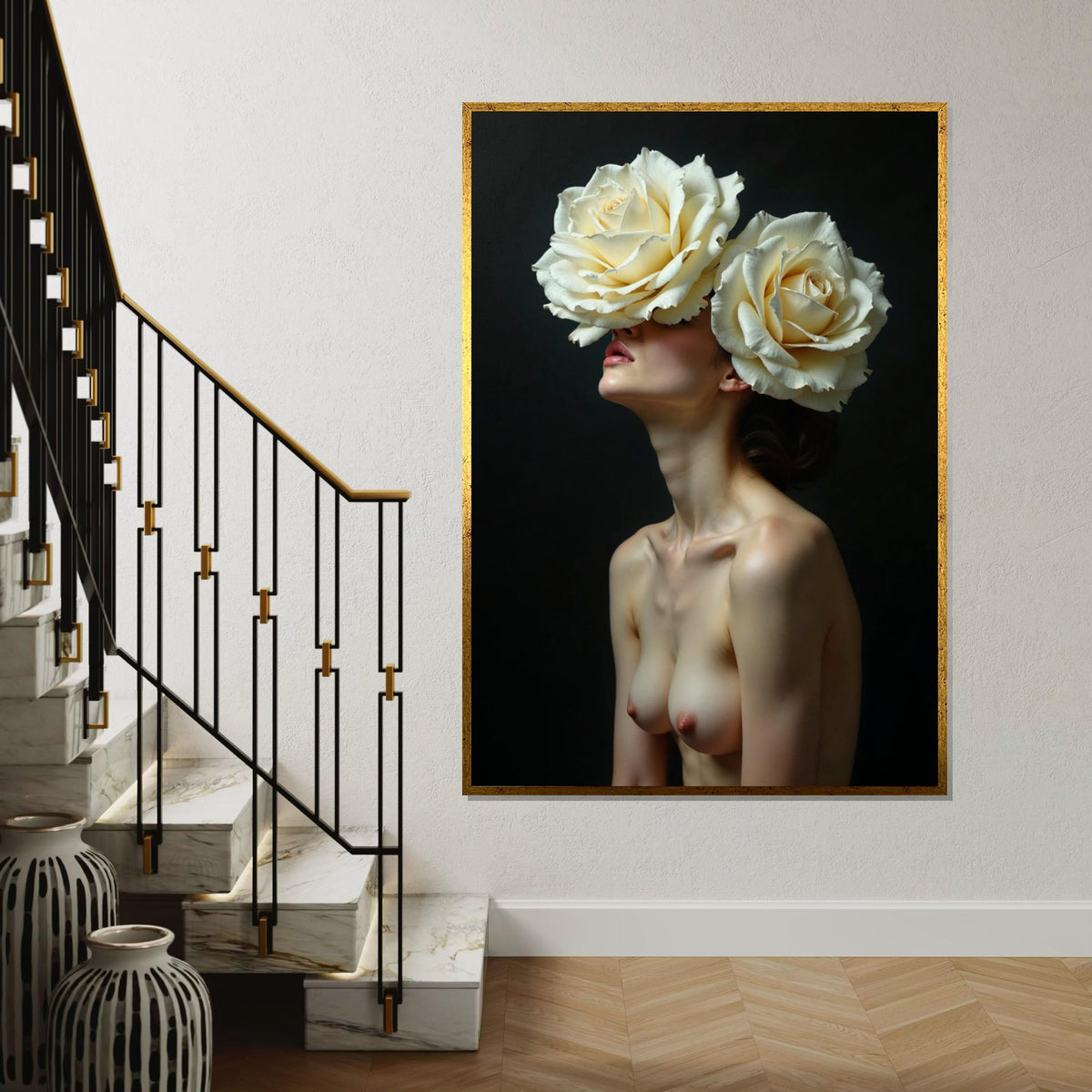 Floral Vision Canvas, Woman with Roses Art, Surreal Wall Art, Canvas Design, Nude Art Poster, Ready to Hang Home Decoration