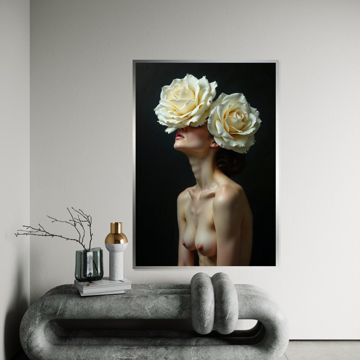 Floral Vision Canvas, Woman with Roses Art, Surreal Wall Art, Canvas Design, Nude Art Poster, Ready to Hang Home Decoration