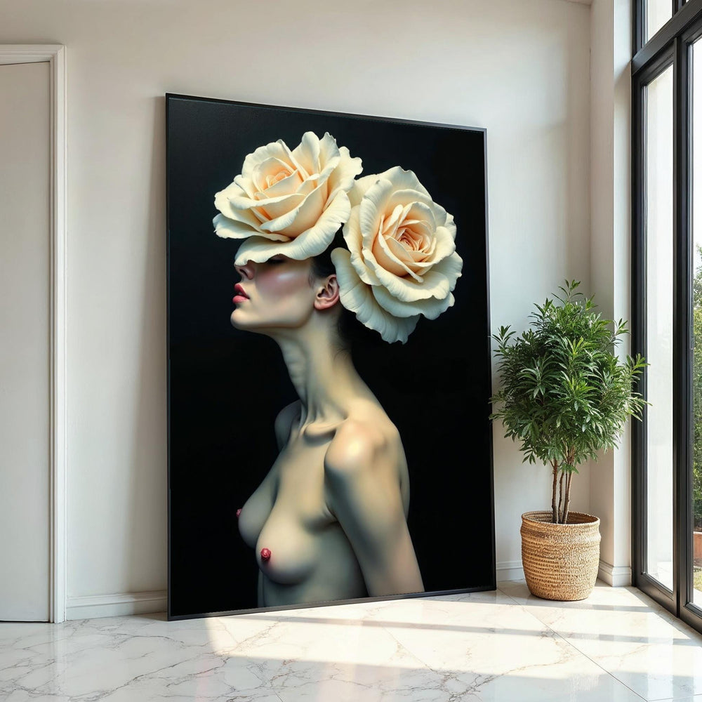 Floral Elegance Canvas, Woman with Roses Art, Flower Headpiece Wall Print, Artistic Portrait Canvas, Wall Art Design, Ready to Hang