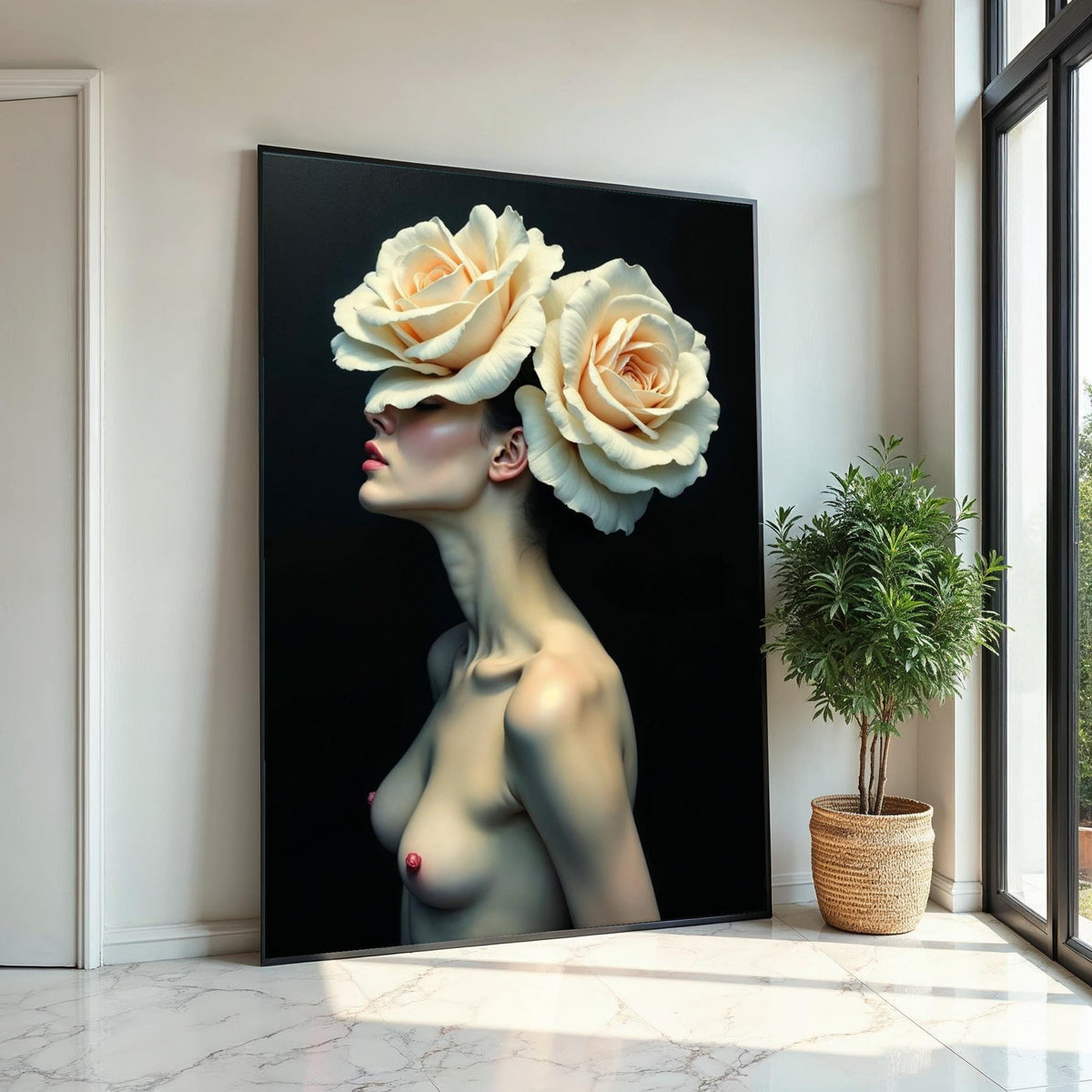 Floral Elegance Canvas, Woman with Roses Art, Flower Headpiece Wall Print, Artistic Portrait Canvas, Wall Art Design, Ready to Hang