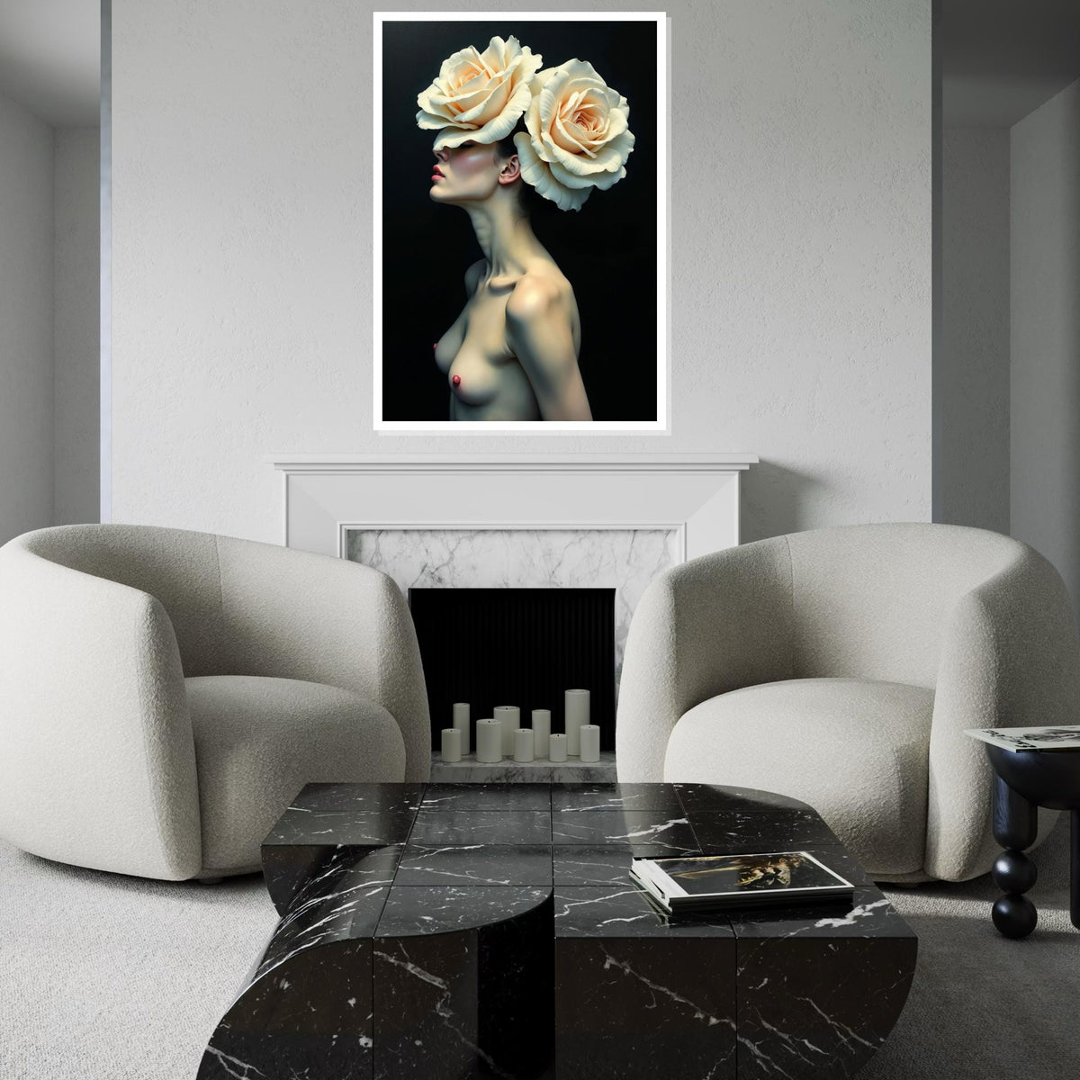 Floral Elegance Canvas, Woman with Roses Art, Flower Headpiece Wall Print, Artistic Portrait Canvas, Wall Art Design, Ready to Hang