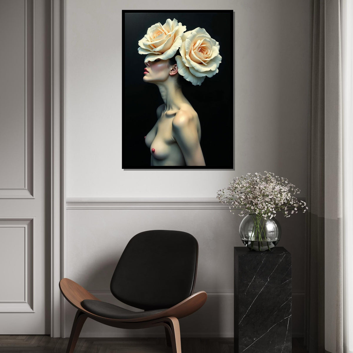 Floral Elegance Canvas, Woman with Roses Art, Flower Headpiece Wall Print, Artistic Portrait Canvas, Wall Art Design, Ready to Hang
