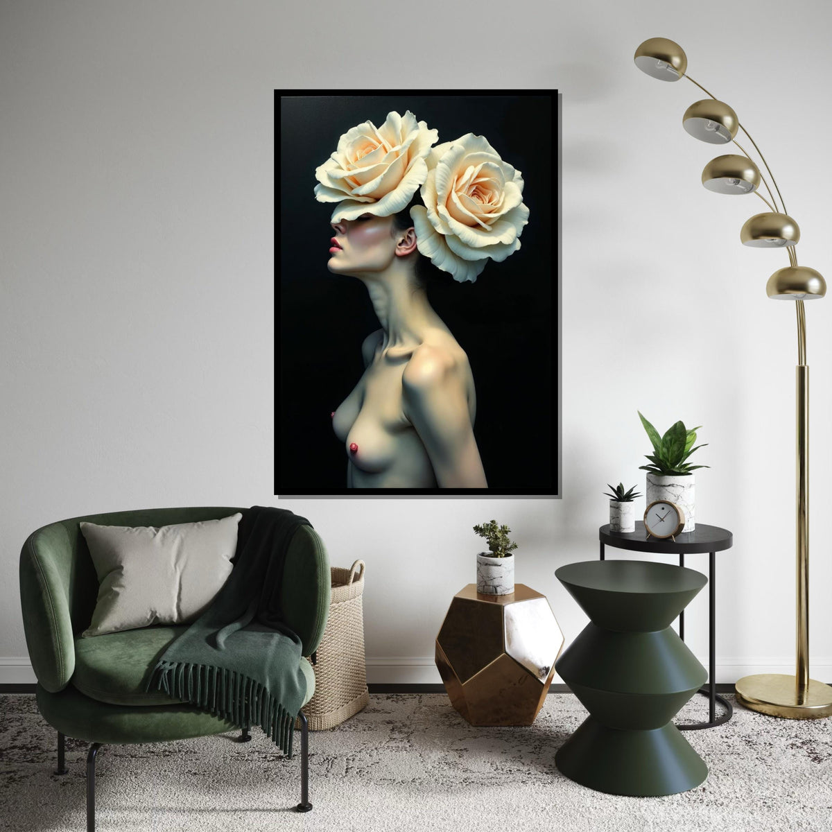 Floral Elegance Canvas, Woman with Roses Art, Flower Headpiece Wall Print, Artistic Portrait Canvas, Wall Art Design, Ready to Hang