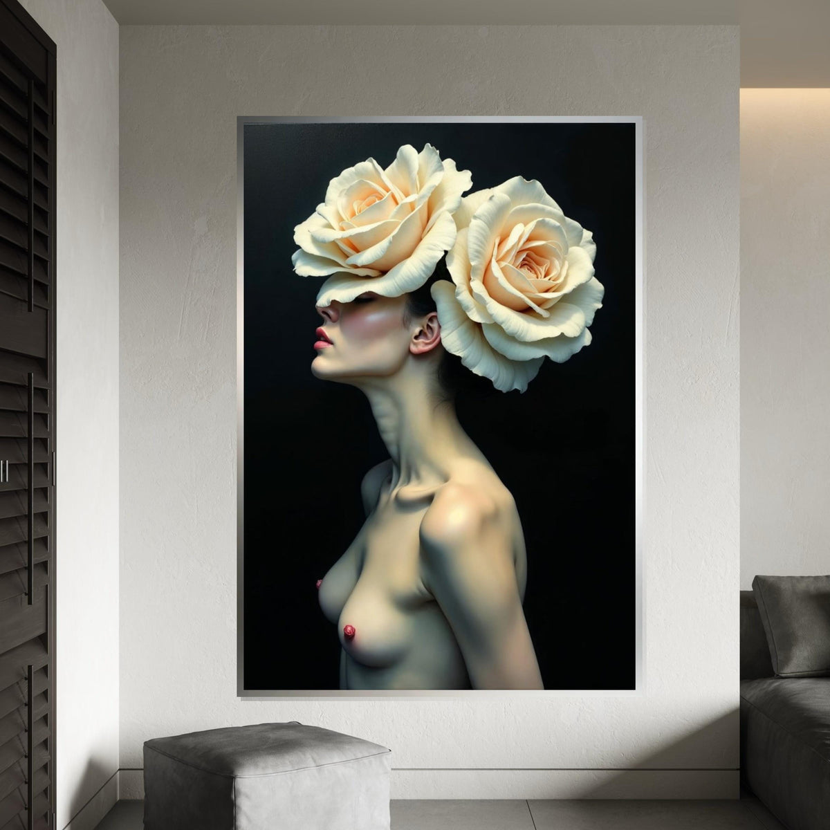 Floral Elegance Canvas, Woman with Roses Art, Flower Headpiece Wall Print, Artistic Portrait Canvas, Wall Art Design, Ready to Hang